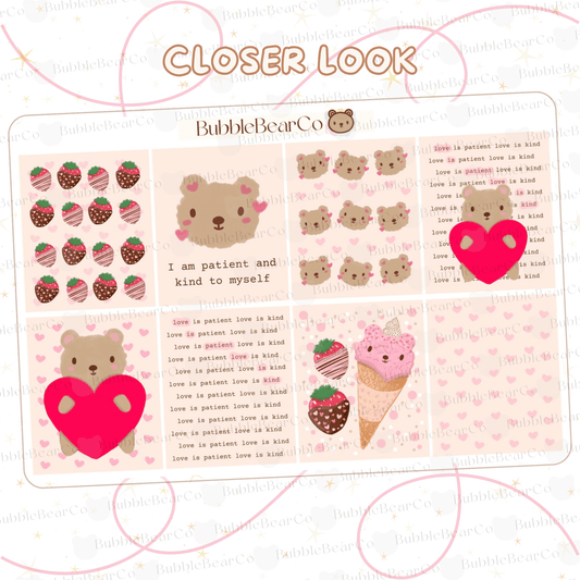 Cute Valentine's Day Planner Sticker Kit | Self Love |Teddy Bear Theme | For any Planner or Bullet Journal | February | BubbleBearCo - Bubble Bear Co