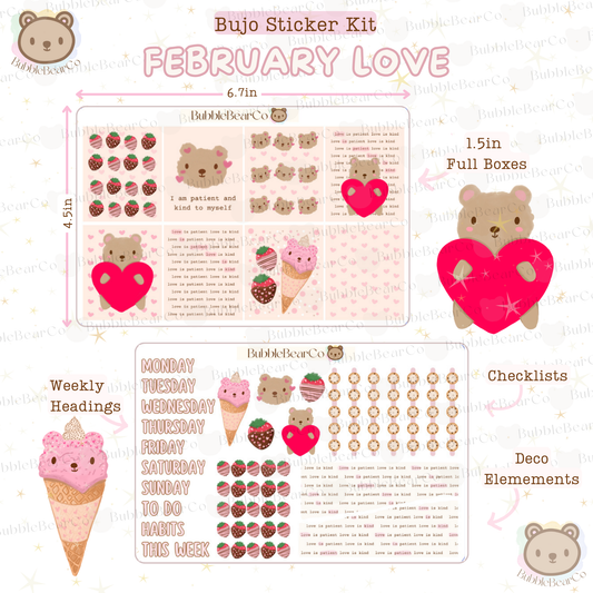 Cute Valentine's Day Planner Sticker Kit | Self Love |Teddy Bear Theme | For any Planner or Bullet Journal | February | BubbleBearCo